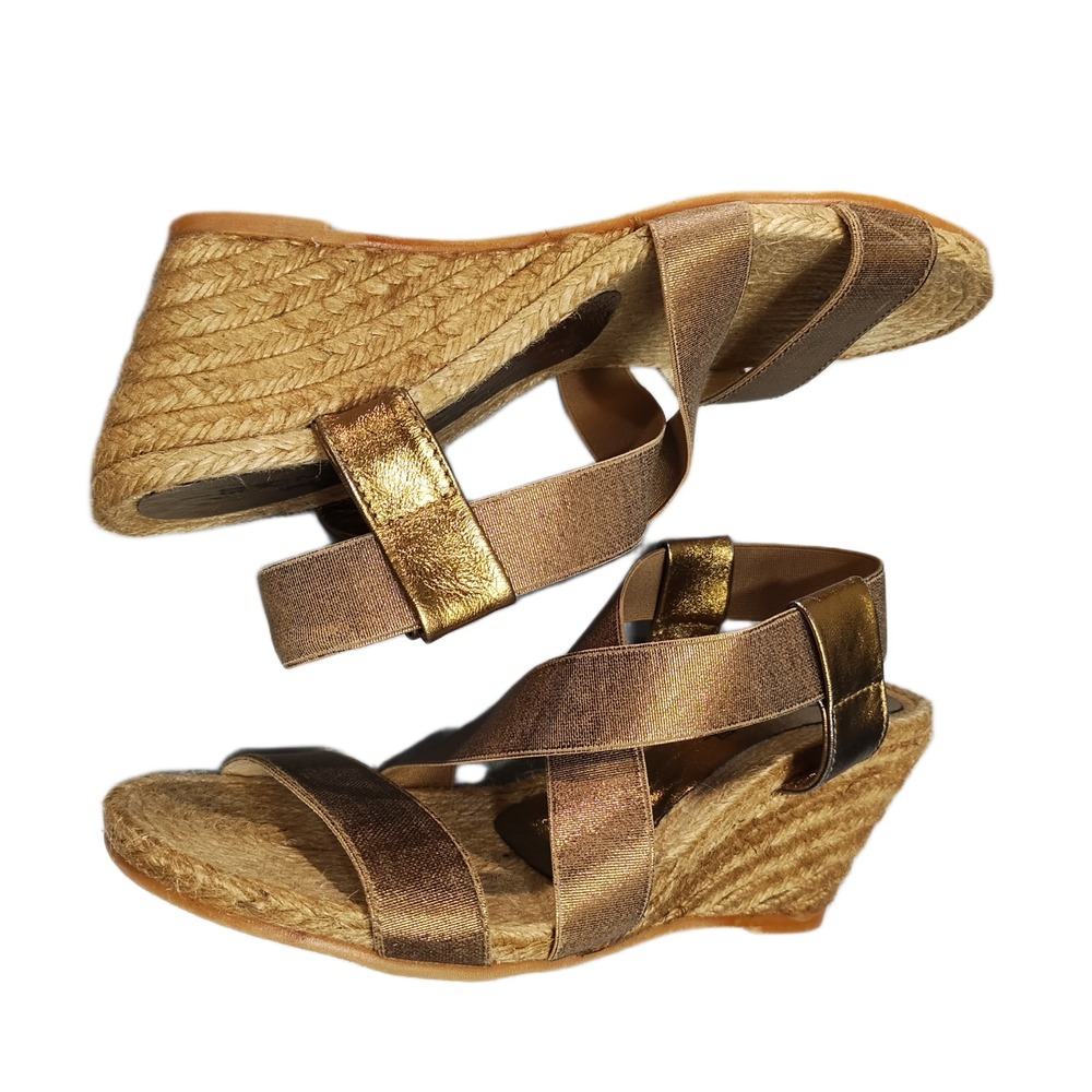 Eric Michael Wedge Espadrille Sandals Womens Size 8 Brown Metallic Ankle Straps